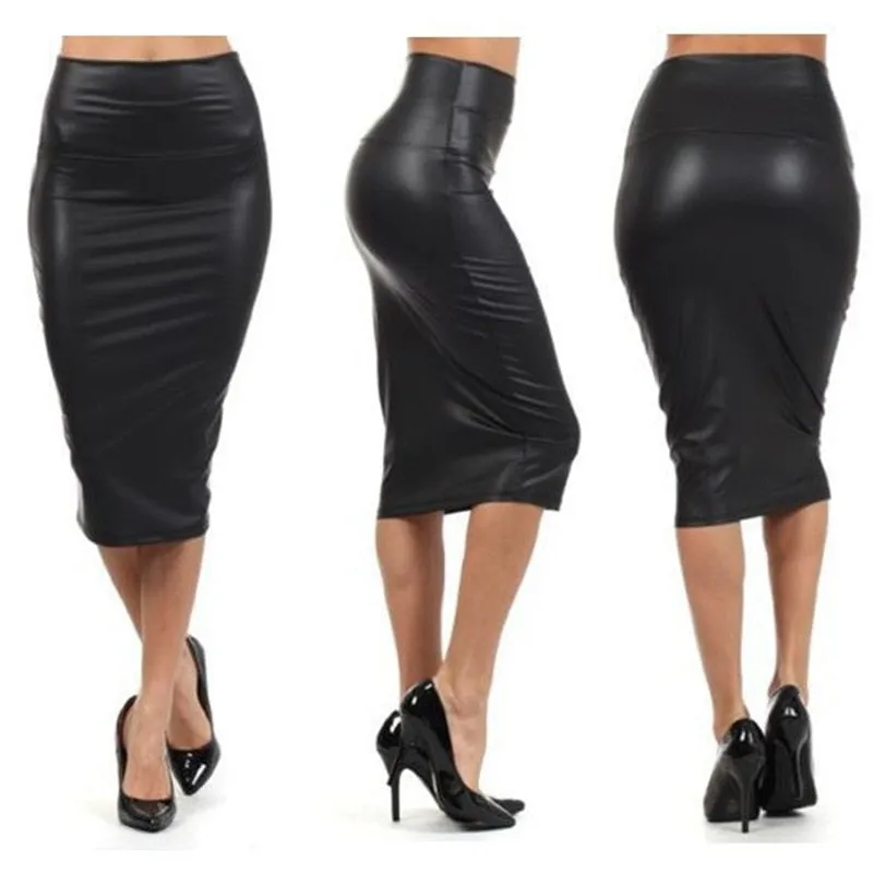 Back Split Faux Leather Pencil Skirt