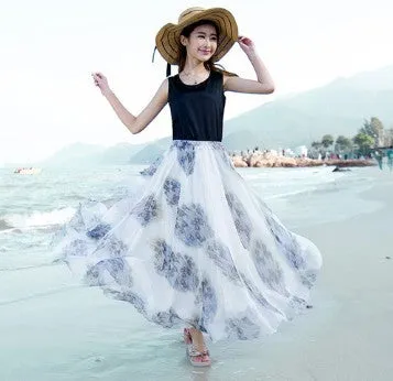 Big Hemline High Waist Floral Print Loose Long Chiffon Beach Skirt