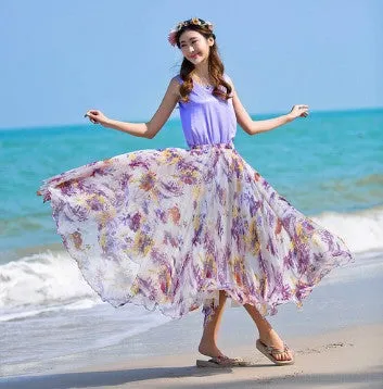 Big Hemline High Waist Floral Print Loose Long Chiffon Beach Skirt