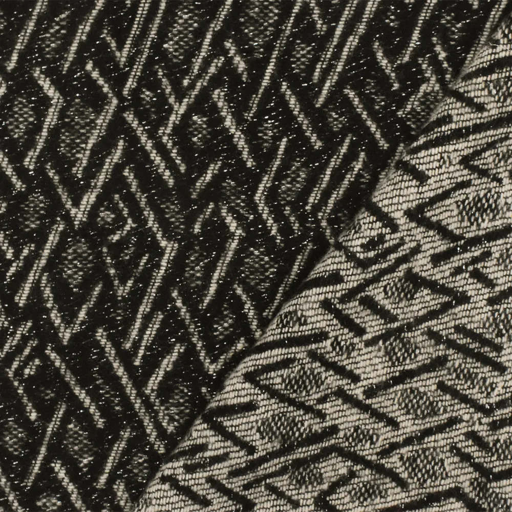 Black-Beige-Silver Abstract Diamond Damask Woven Fabric