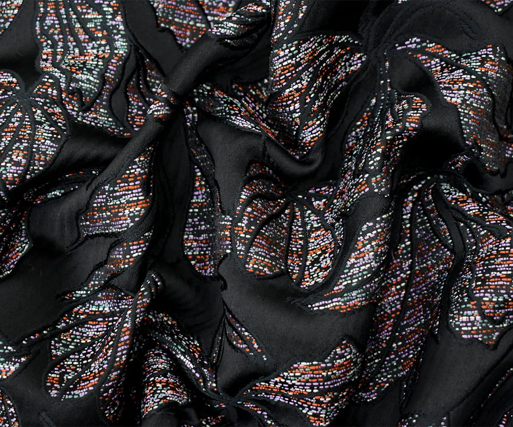 Black-Purple-Multi Polyester Leaves Jacquard Woven Fabric