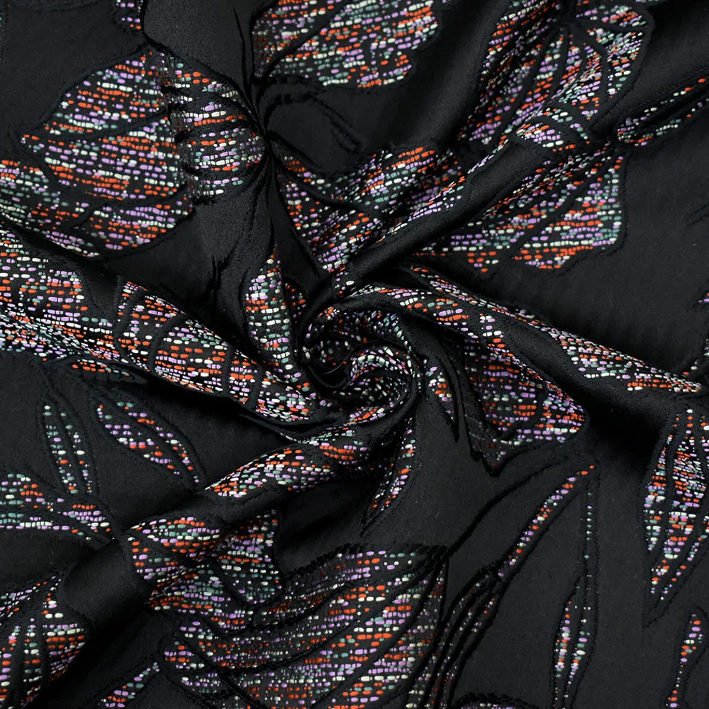 Black-Purple-Multi Polyester Leaves Jacquard Woven Fabric