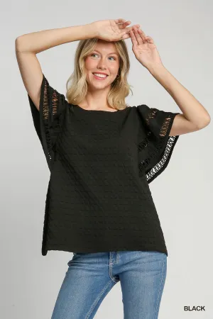 Black Textured Top w/ Flutter Sleeves