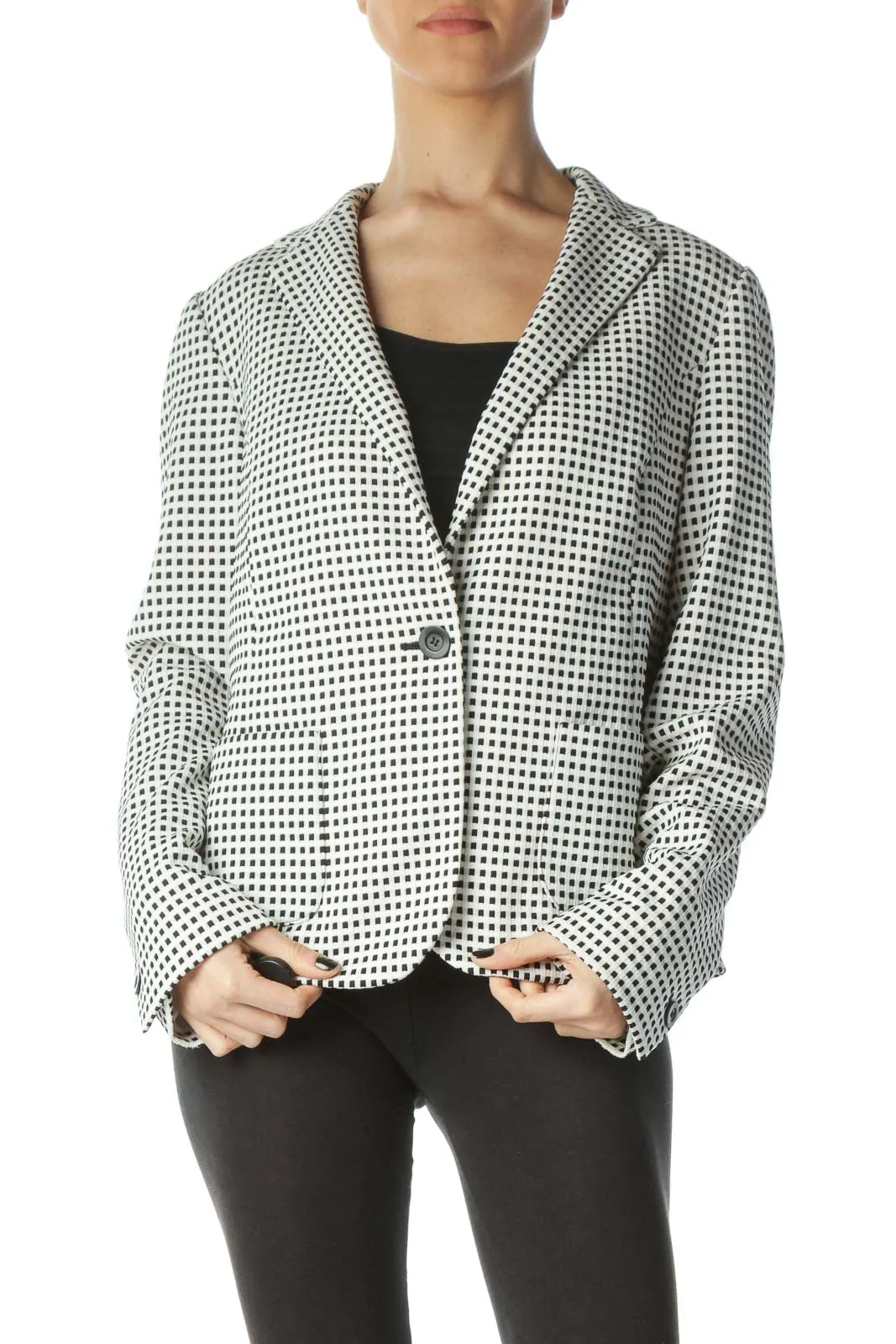 Black White Checkered Textured Pocketed Blazer