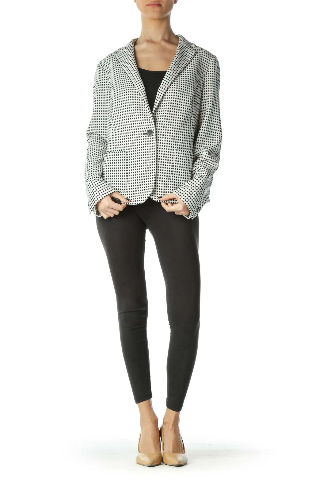 Black White Checkered Textured Pocketed Blazer