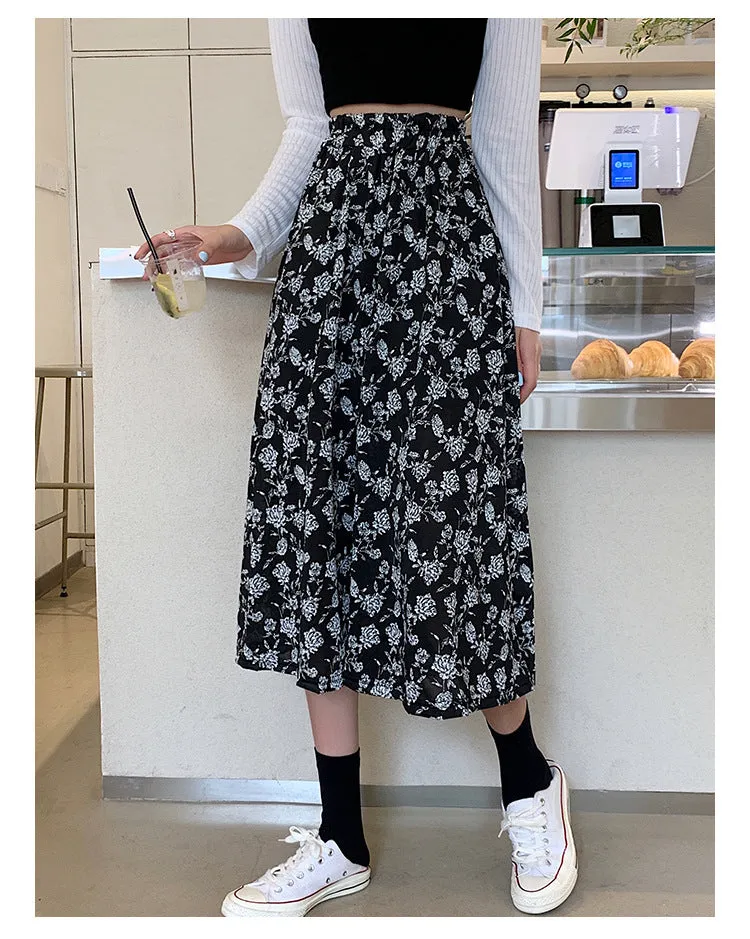 Black White Floral Skirt Women Summer Korean High Waist Flare Slim Look Mid-Length A-Line Skirt