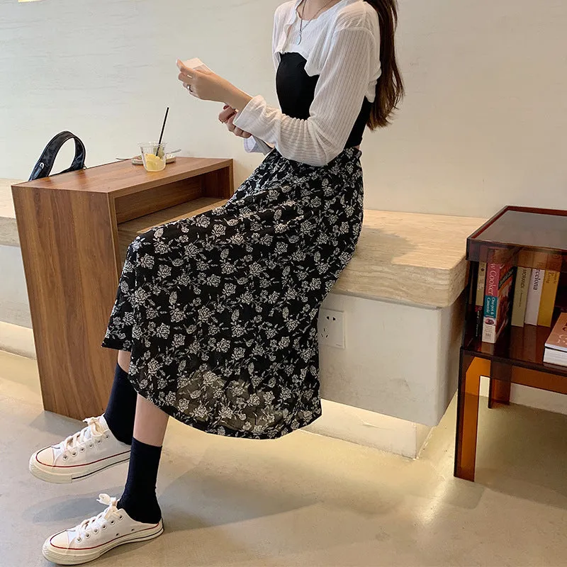 Black White Floral Skirt Women Summer Korean High Waist Flare Slim Look Mid-Length A-Line Skirt