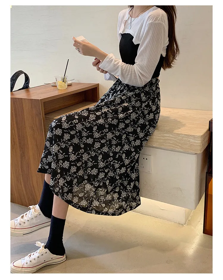 Black White Floral Skirt Women Summer Korean High Waist Flare Slim Look Mid-Length A-Line Skirt