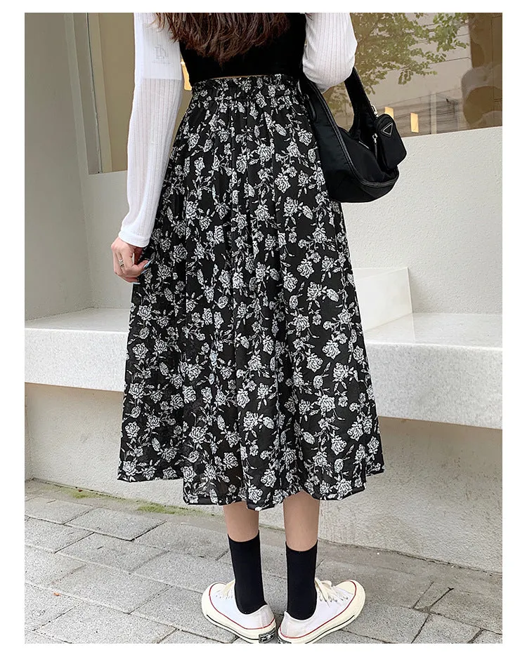 Black White Floral Skirt Women Summer Korean High Waist Flare Slim Look Mid-Length A-Line Skirt