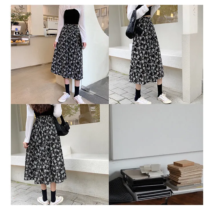 Black White Floral Skirt Women Summer Korean High Waist Flare Slim Look Mid-Length A-Line Skirt