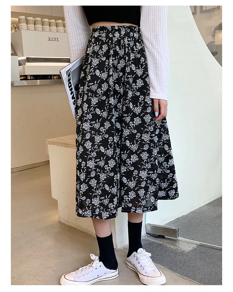 Black White Floral Skirt Women Summer Korean High Waist Flare Slim Look Mid-Length A-Line Skirt