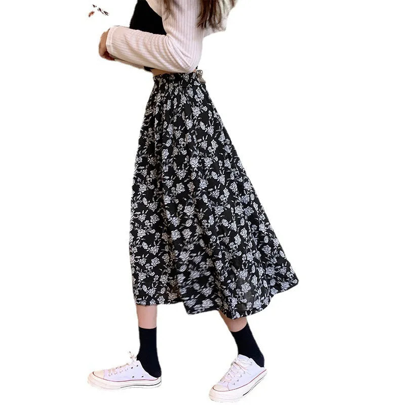 Black White Floral Skirt Women Summer Korean High Waist Flare Slim Look Mid-Length A-Line Skirt