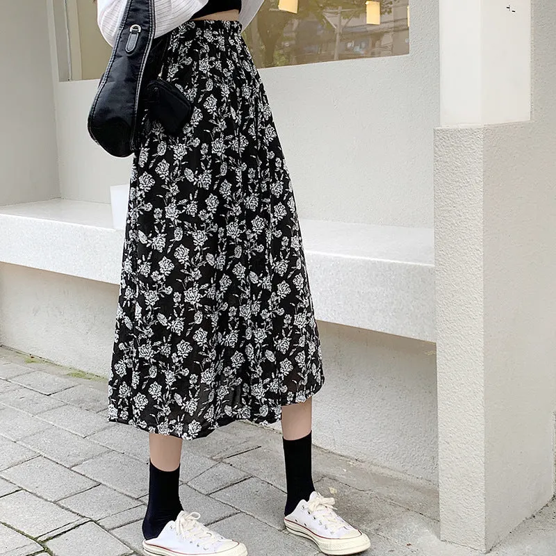 Black White Floral Skirt Women Summer Korean High Waist Flare Slim Look Mid-Length A-Line Skirt