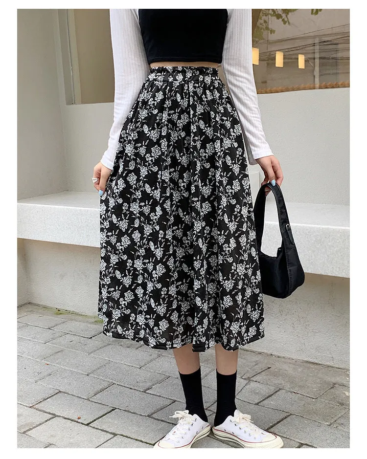 Black White Floral Skirt Women Summer Korean High Waist Flare Slim Look Mid-Length A-Line Skirt