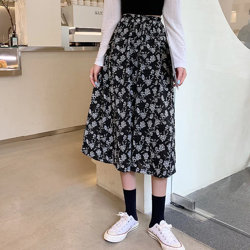 Black White Floral Skirt Women Summer Korean High Waist Flare Slim Look Mid-Length A-Line Skirt