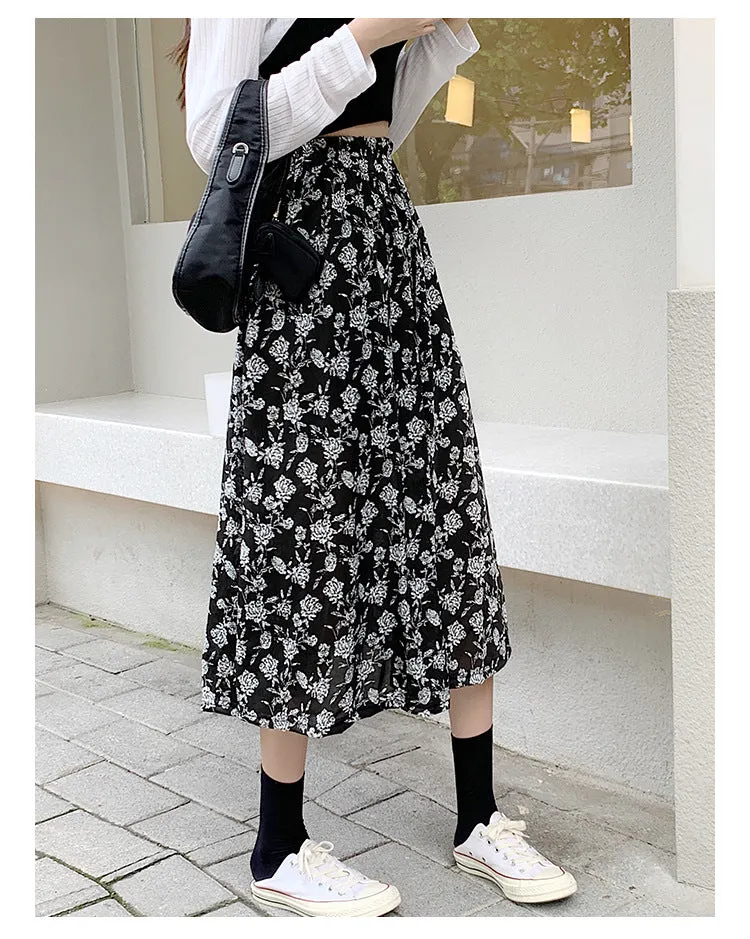 Black White Floral Skirt Women Summer Korean High Waist Flare Slim Look Mid-Length A-Line Skirt