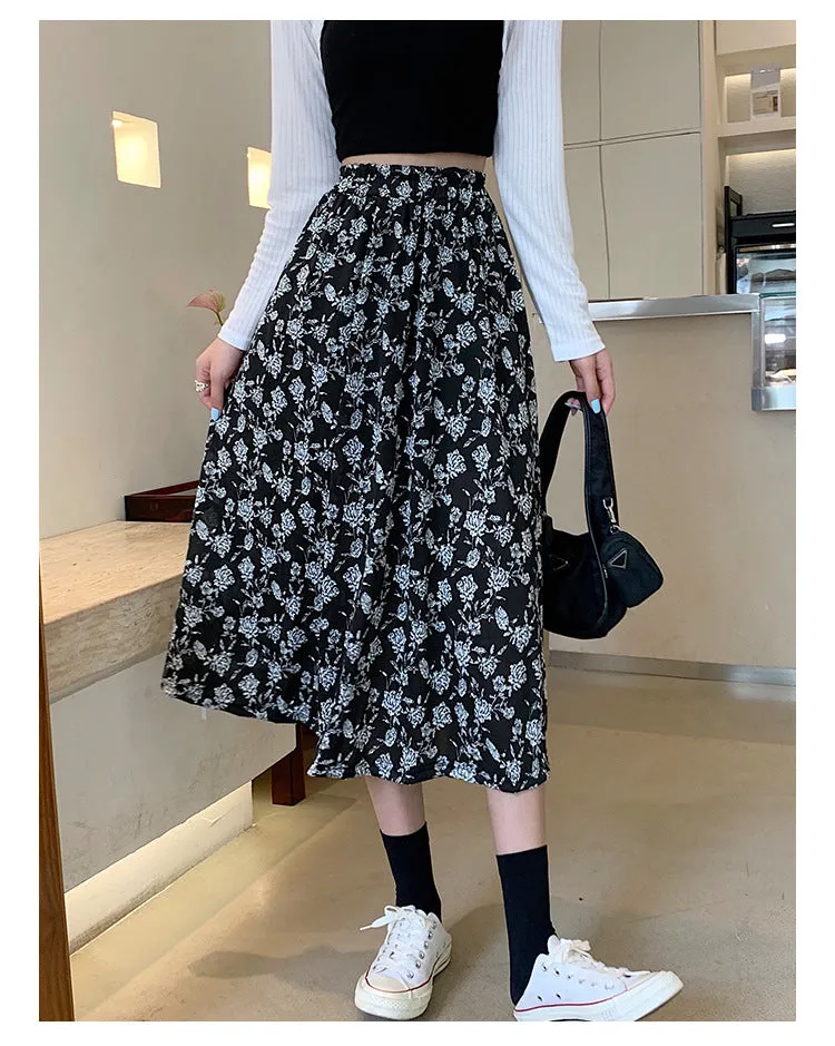 Black White Floral Skirt Women Summer Korean High Waist Flare Slim Look Mid-Length A-Line Skirt