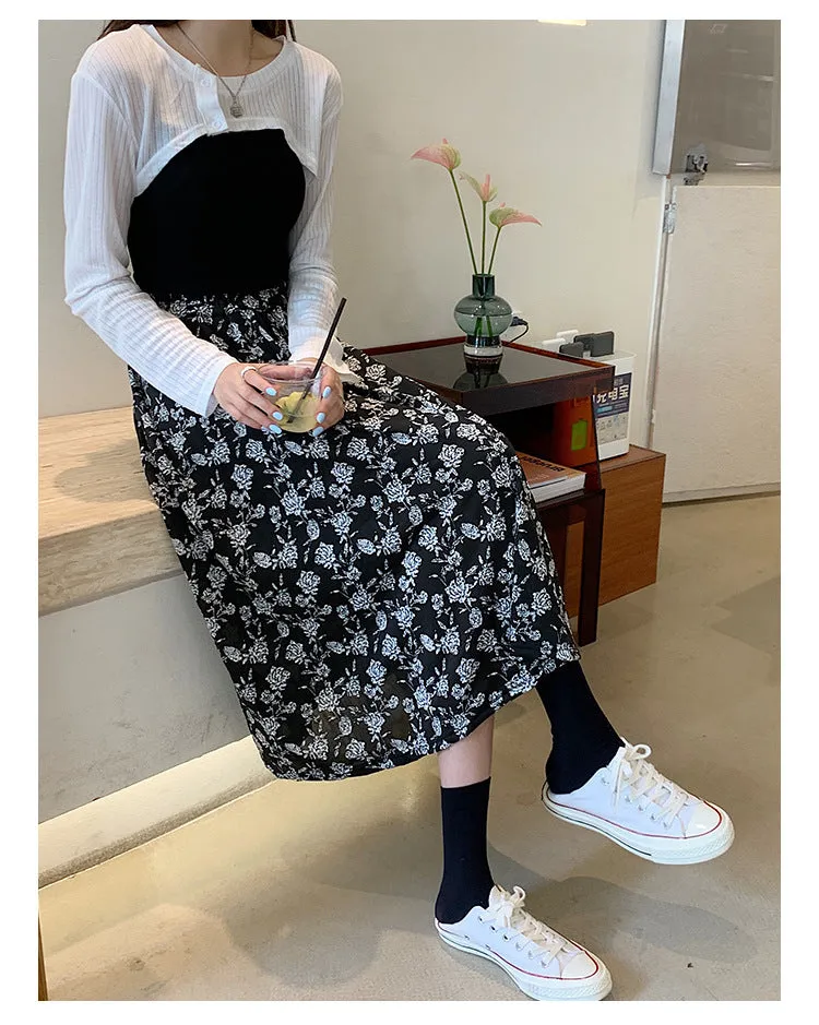 Black White Floral Skirt Women Summer Korean High Waist Flare Slim Look Mid-Length A-Line Skirt