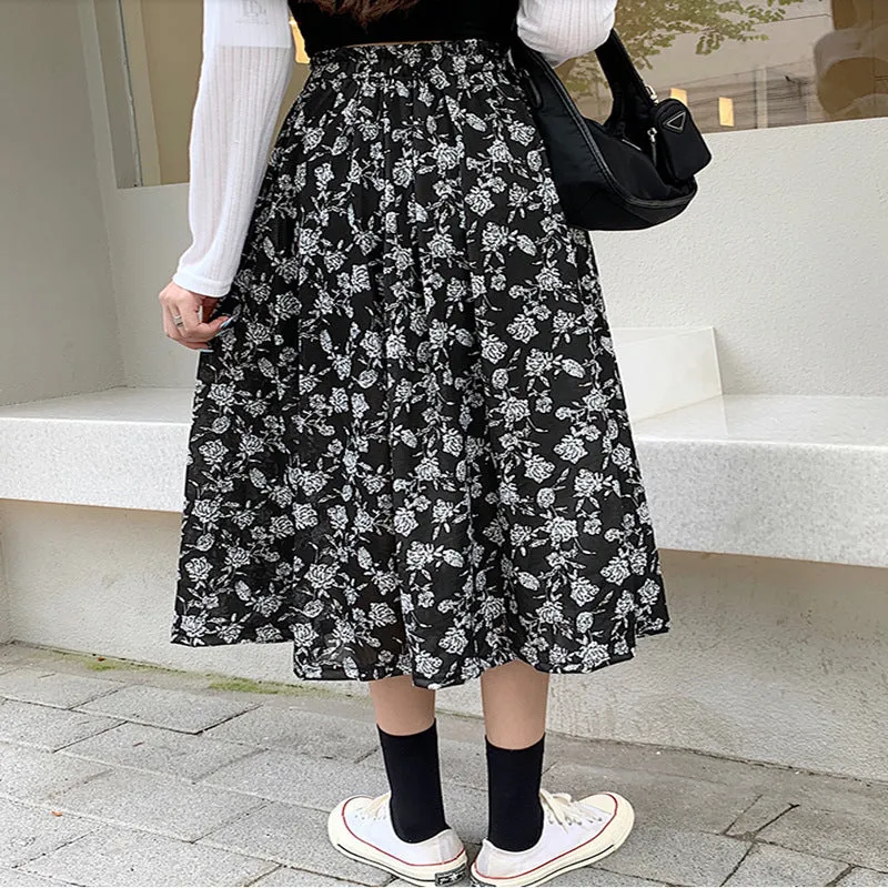 Black White Floral Skirt Women Summer Korean High Waist Flare Slim Look Mid-Length A-Line Skirt