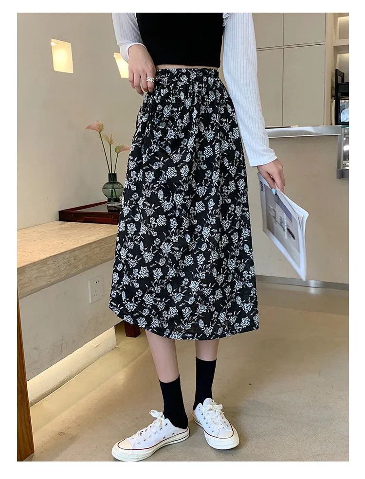 Black White Floral Skirt Women Summer Korean High Waist Flare Slim Look Mid-Length A-Line Skirt