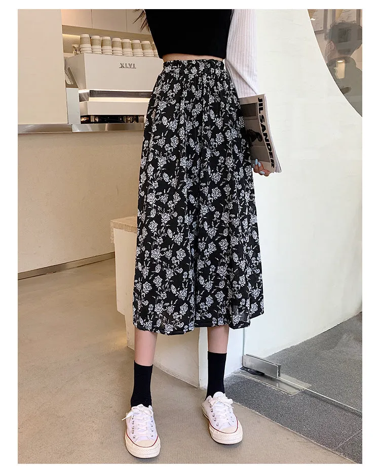 Black White Floral Skirt Women Summer Korean High Waist Flare Slim Look Mid-Length A-Line Skirt