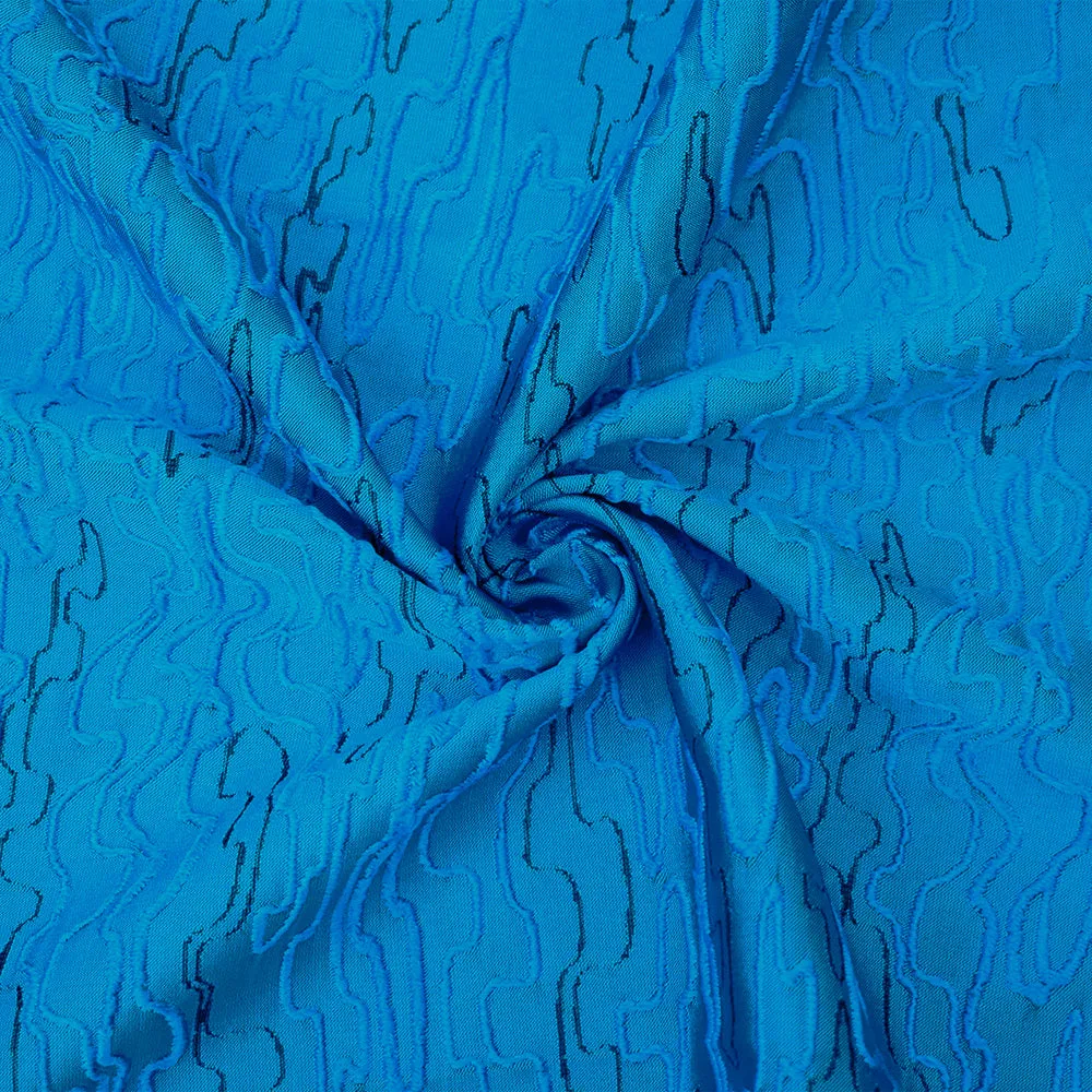 Blue-Black Polyester Abstract Embroidered Jacquard Woven Fabric