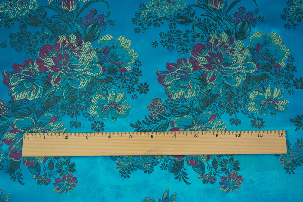 Blue-Brown-Multi Polyester Floral Chinese Brocade Woven Fabric