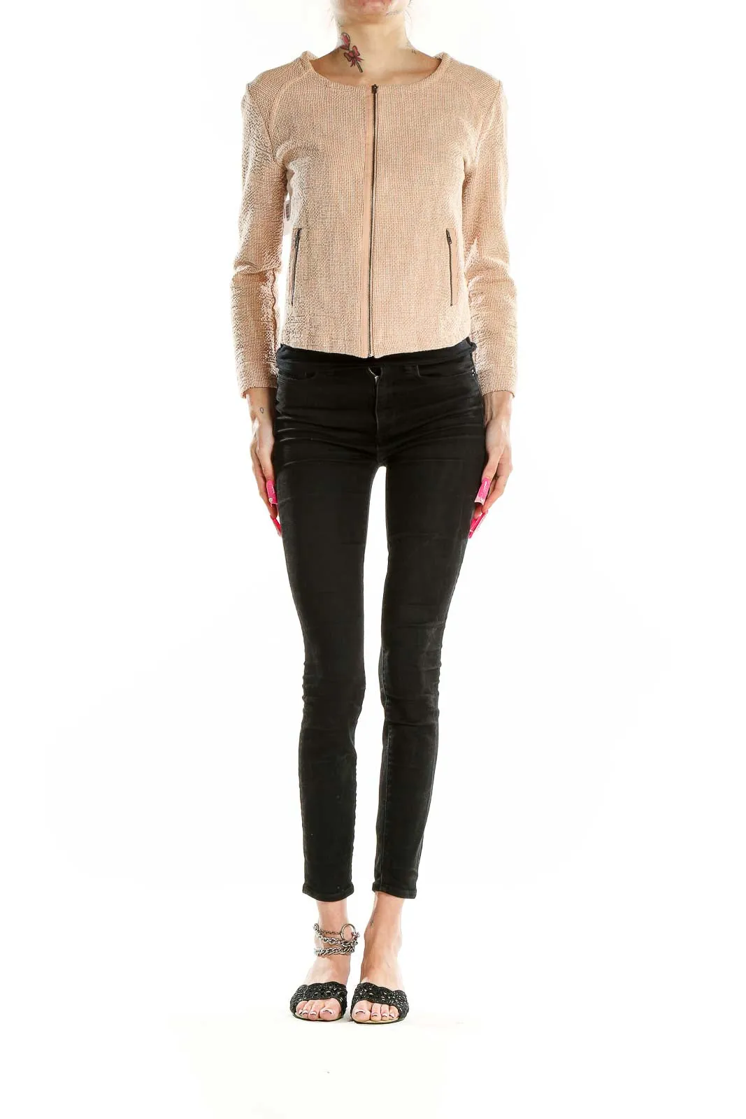 Blush Textured Zip-Up Cropped Jacket