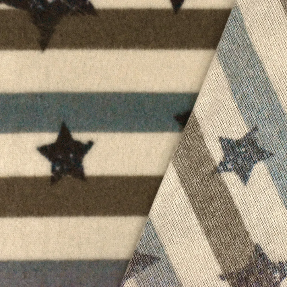 Brown-Blue-Multi Star And Stripe Stretch Poly Brushed Jersey Knit Fabric