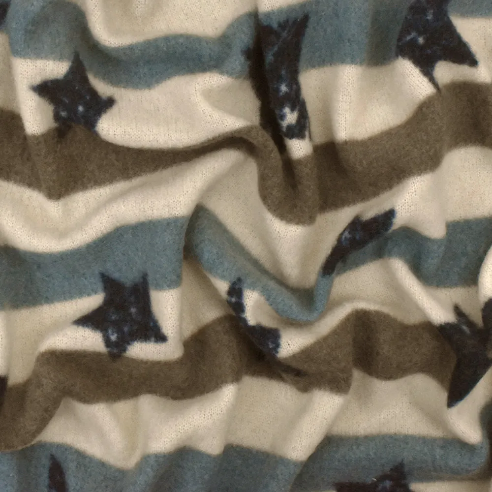 Brown-Blue-Multi Star And Stripe Stretch Poly Brushed Jersey Knit Fabric