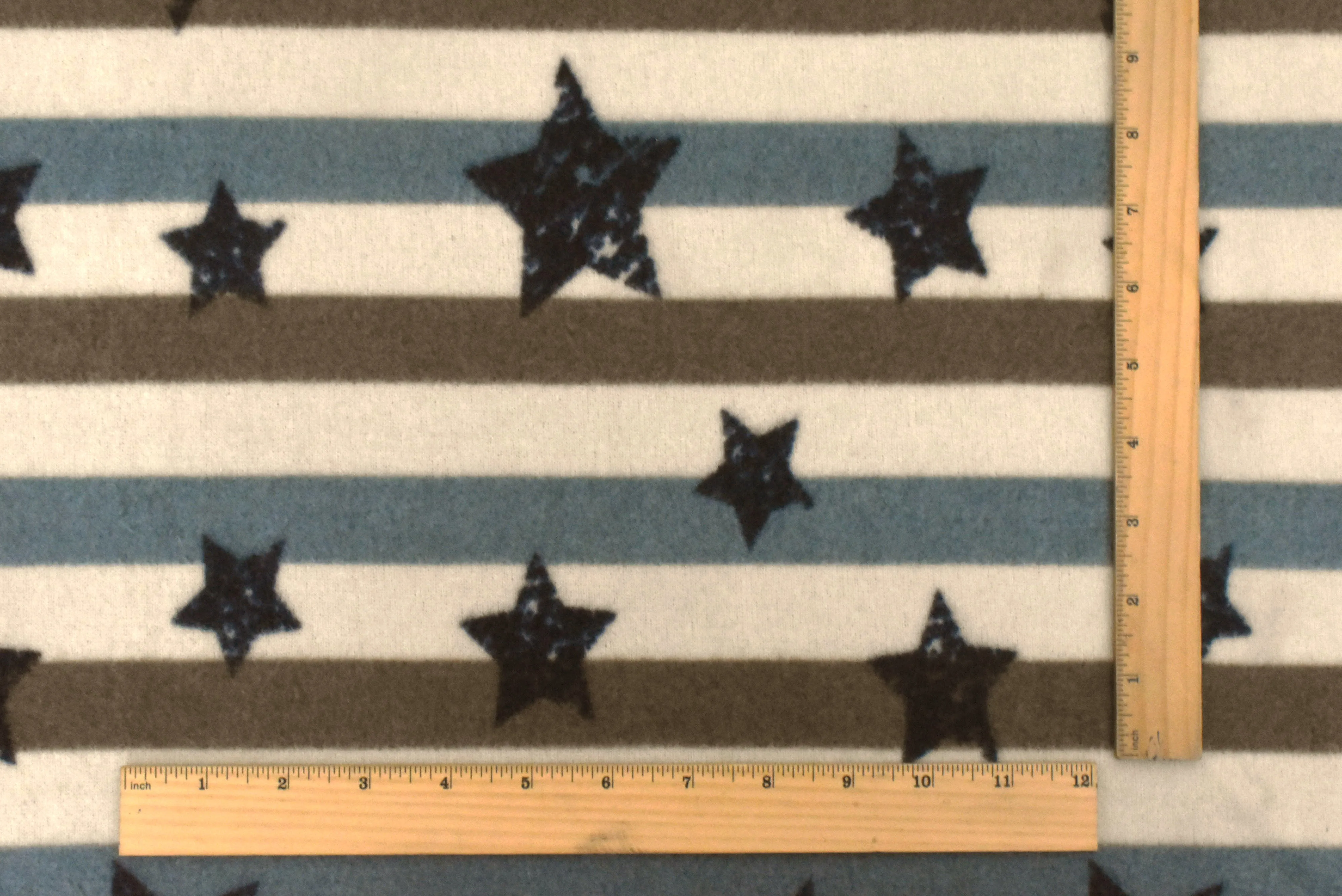 Brown-Blue-Multi Star And Stripe Stretch Poly Brushed Jersey Knit Fabric