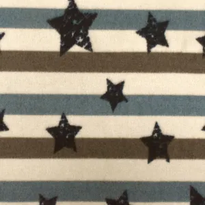 Brown-Blue-Multi Star And Stripe Stretch Poly Brushed Jersey Knit Fabric