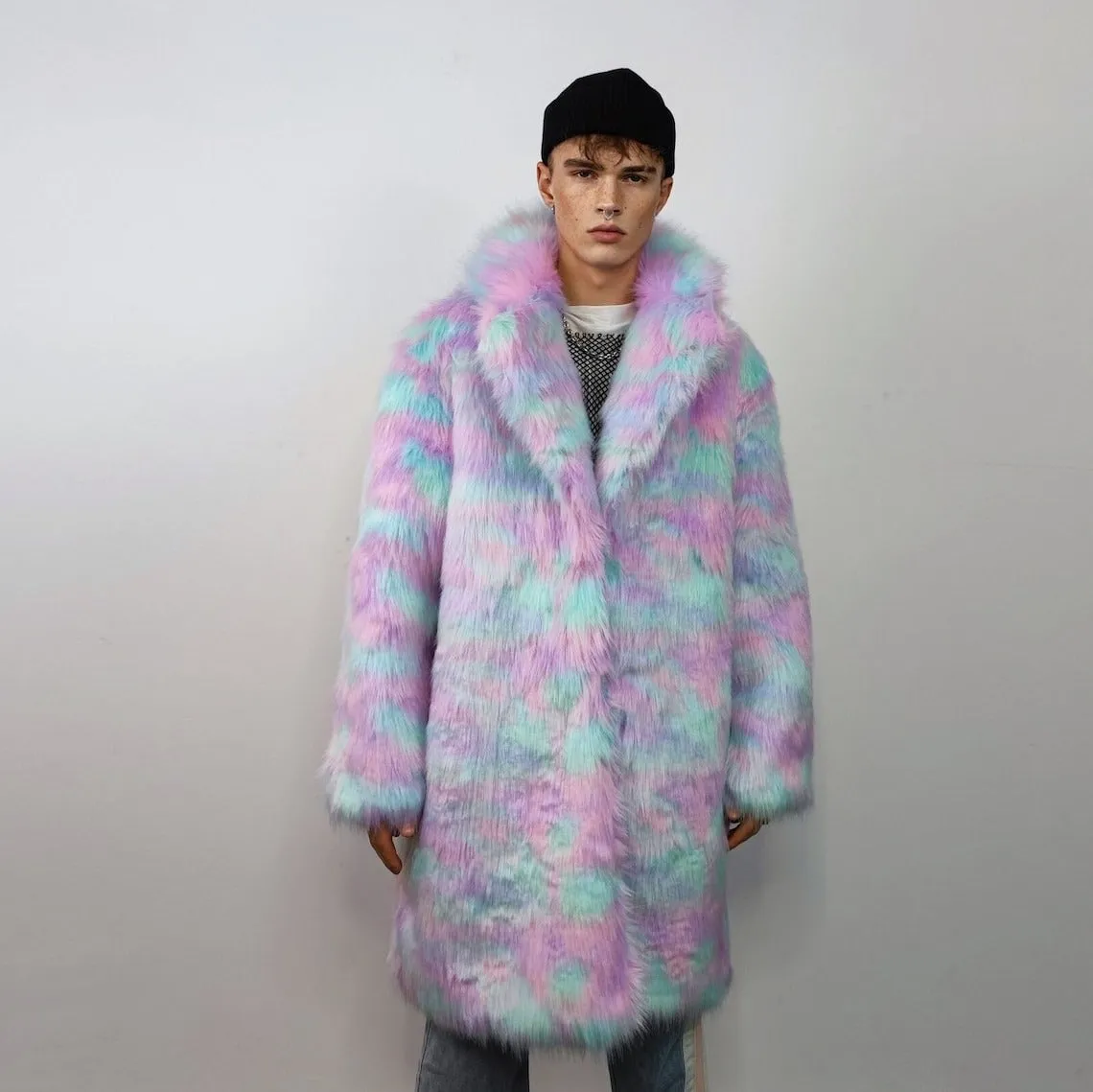 Candy faux fur long coat unicorn trench neon raver bomber fluffy tie-dye fleece psychedelic festival jacket burning man going out coat pink