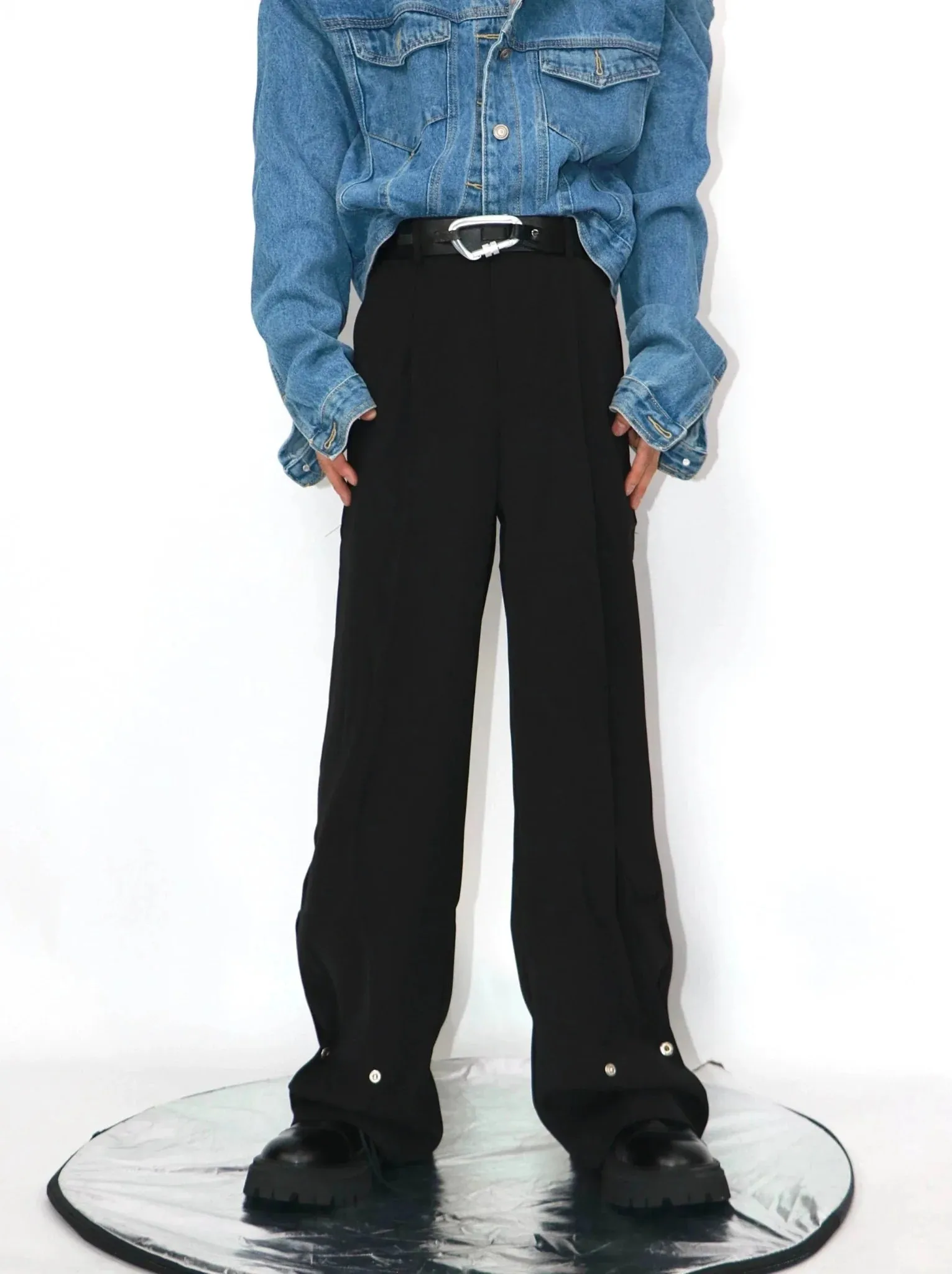 Casual Wide Leg Suit Pants with Unique Metal Button Detailing