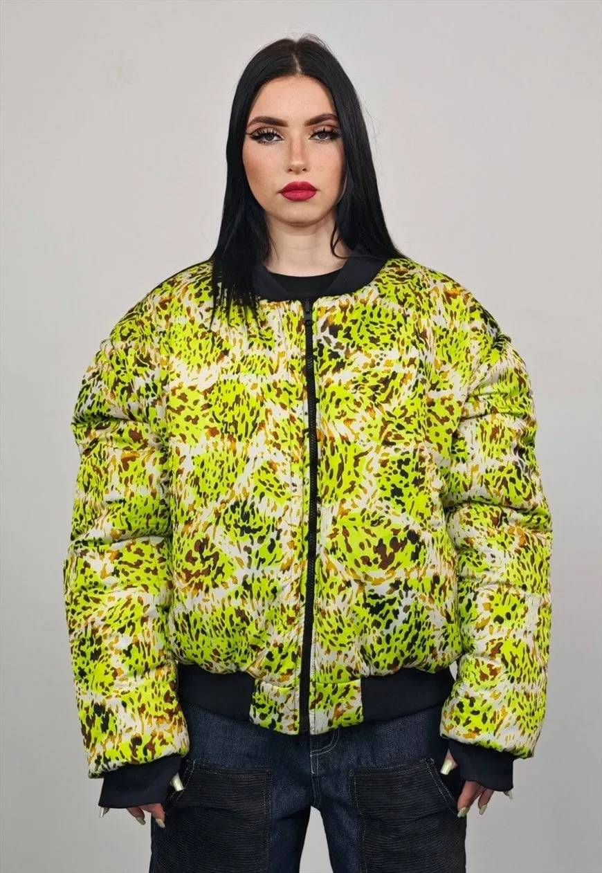 Cheetah print varsity jacket green animal reversible bomber