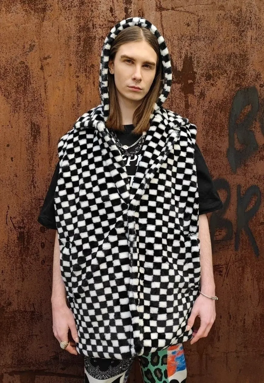 Chequerboard fleece jacket handmade 2 in 1 check coat black