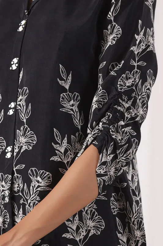 Chic Botanical Print Black Tunic Russian Silk Top