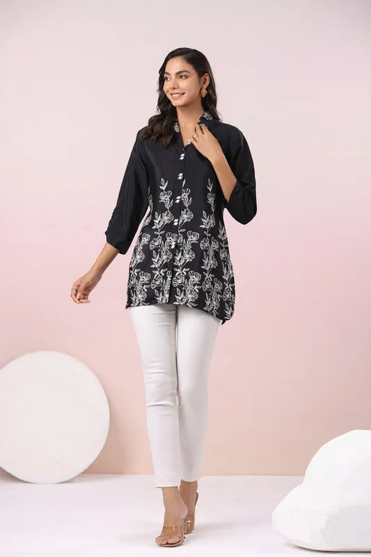 Chic Botanical Print Black Tunic Russian Silk Top