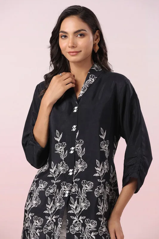 Chic Botanical Print Black Tunic Russian Silk Top