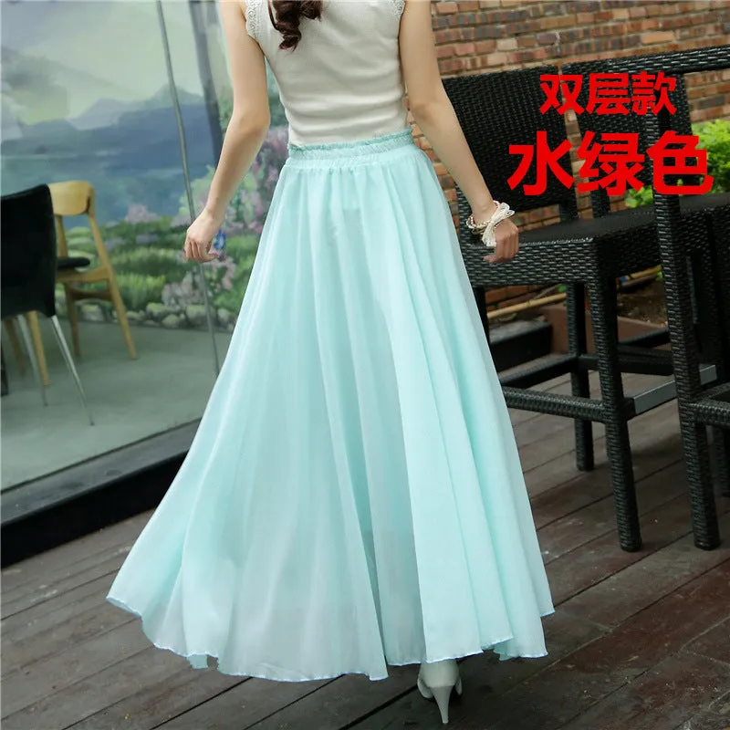 Chiffon Summer Skirt Women Double Layer High Waist Korean Beach Flare Fairy-Look Mesh Dress Skirt