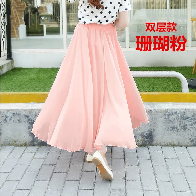 Chiffon Summer Skirt Women Double Layer High Waist Korean Beach Flare Fairy-Look Mesh Dress Skirt