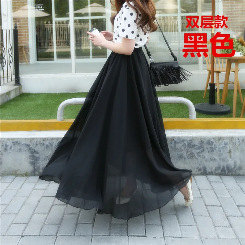 Chiffon Summer Skirt Women Double Layer High Waist Korean Beach Flare Fairy-Look Mesh Dress Skirt