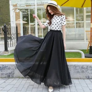 Chiffon Summer Skirt Women Double Layer High Waist Korean Beach Flare Fairy-Look Mesh Dress Skirt