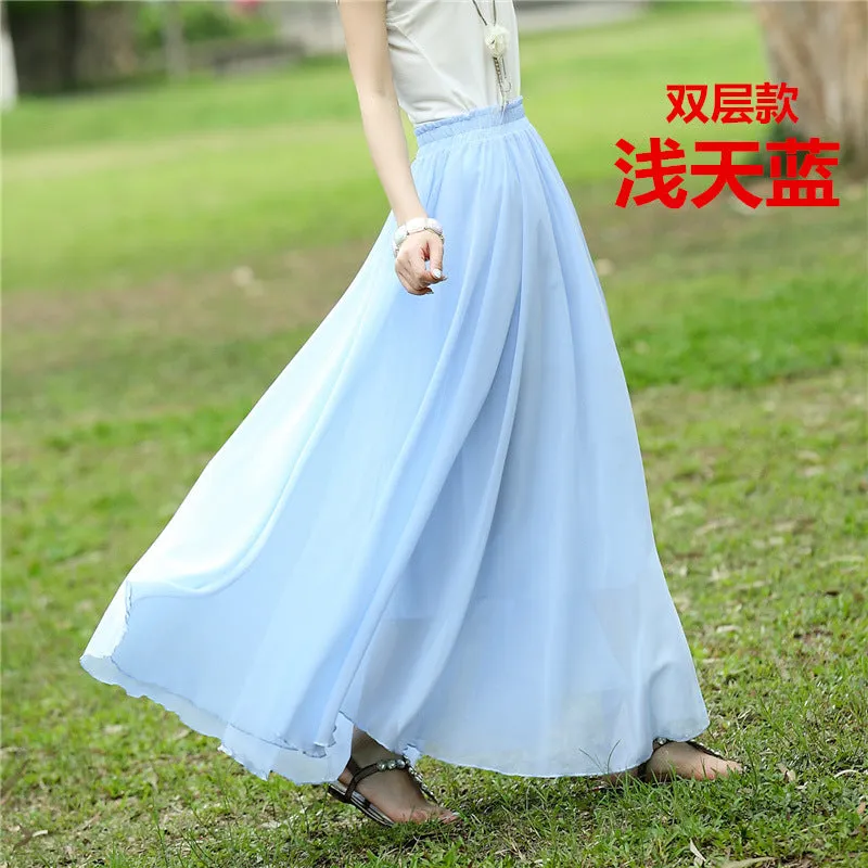 Chiffon Summer Skirt Women Double Layer High Waist Korean Beach Flare Fairy-Look Mesh Dress Skirt