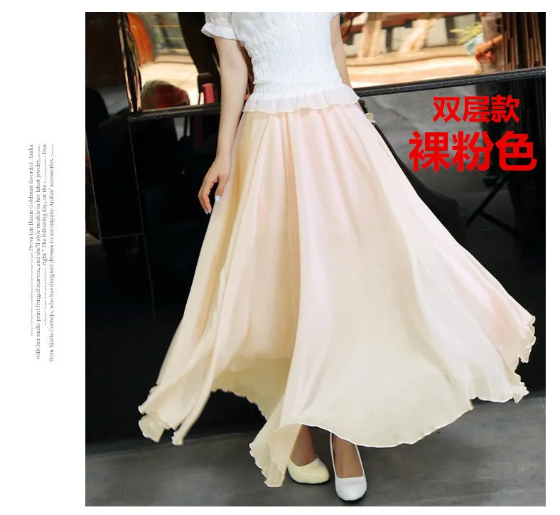 Chiffon Summer Skirt Women Double Layer High Waist Korean Beach Flare Fairy-Look Mesh Dress Skirt