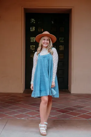 CLEARANCE - Square Neck Denim Flare Dress W/ Pockets