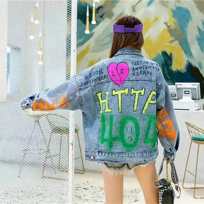 Colorful Graffiti Letters Loose Denim Jacket