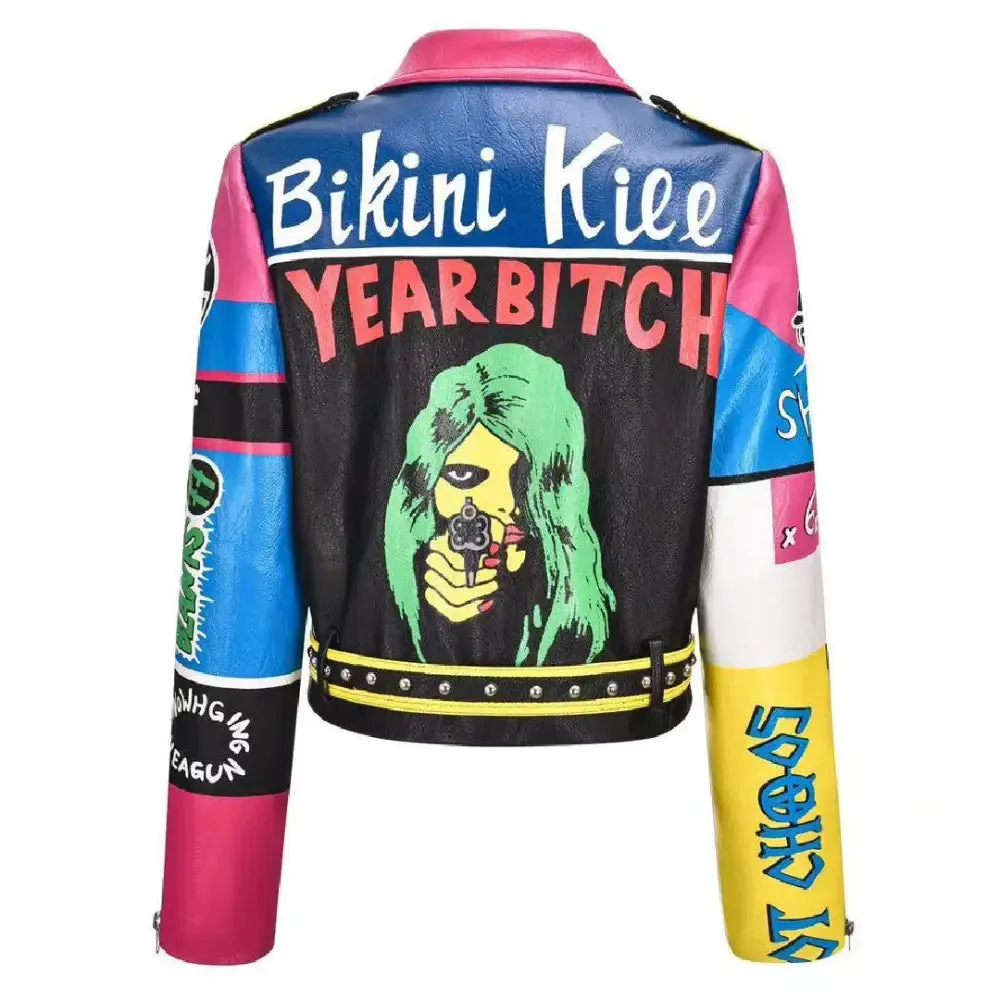 Colorful Graffiti Motorcycle PU Leather Jacket