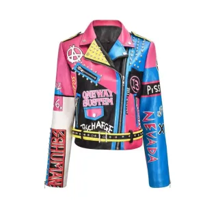 Colorful Graffiti Motorcycle PU Leather Jacket