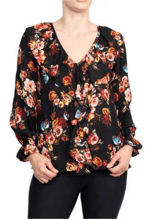 Counterparts Ruffled V-Neck Long Elastic Cuff Long Sleeve Multi Print Crepe Top